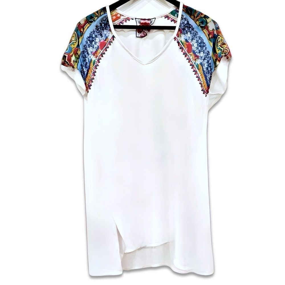 Johnny Was Silk Contrast Short Sleeve High Lo Tunic Top